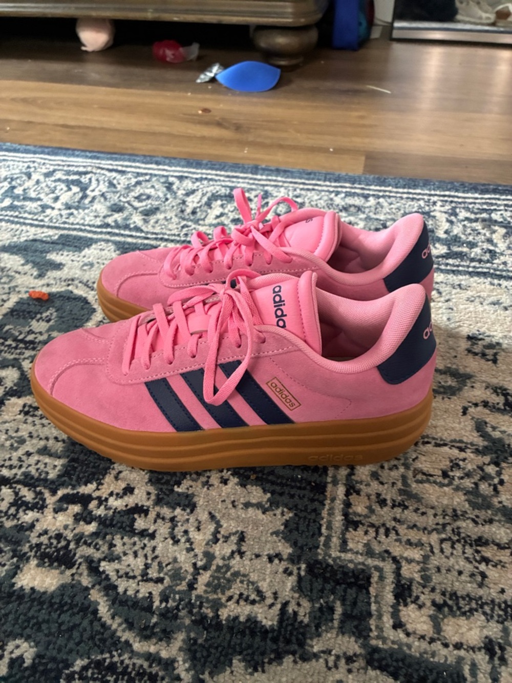 adidas Pink Suede Platform Sneakers with Navy Stripes and Gum Sole